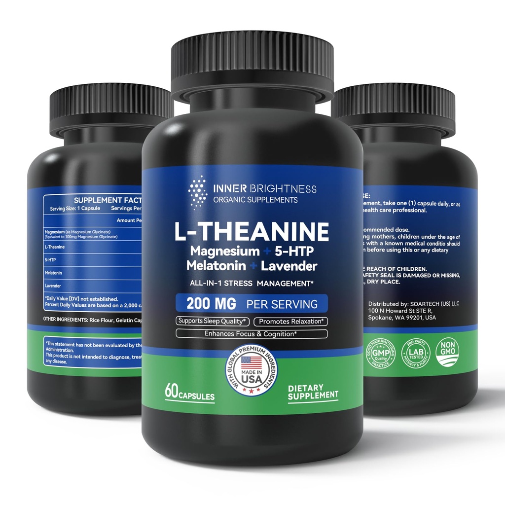 L Theanine 200mg, Magnez, 5- HTP & Melatonina - All- in-1 L- Theanine Suplement dla Ulgi Stress, Focus & Cognition, Sen - 60 Kapsułki