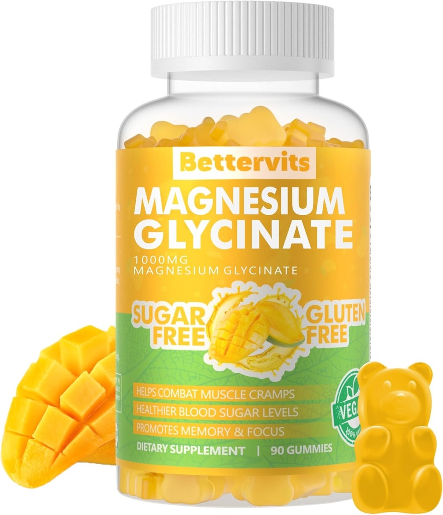 90 CT Magnezu Glycinate Gummies 1000mg - Suplement potasu bez cukru Magnezu z witaminą D, B6, CoQ10 dla spokojnego nastroju i wsparcia snu - 90 Mango Gummies ananasowy