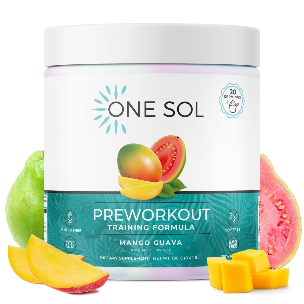 One Sol Pre- Trening dla kobiet, ulepszony pompa & Focus, No Jitters Or Crash, Natural Ingredients, 100% Vegan, Gluten Free & Soy Free, (Mango Guava)