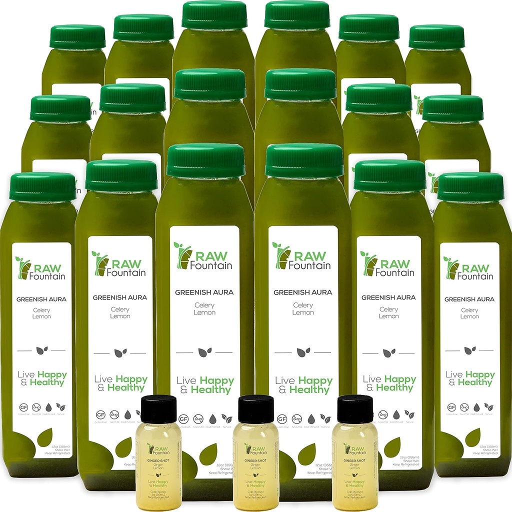 Sok selerowy Cleanse przez surowej fontanny, wszystkie naturalne surowe, zimne soki prasowane, rano detox Cleanse, 30 butelek 12oz, 5 Bonus Ginger Shots