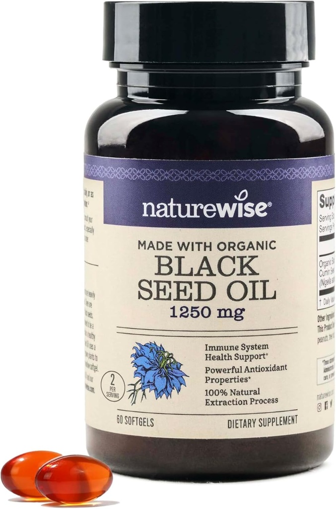 NatureWise Black Seed Oil Softgels 1250 mg - 100% Organic Cold Pressed Nigella Sativa - Omega 3 6 9 - Przeciwutleniacz immunologiczny Wsparcie, Włosy i Skóra - Nie-GMO, Gluten- Free - 60 Softgels [1- Miesiąc dostaw]