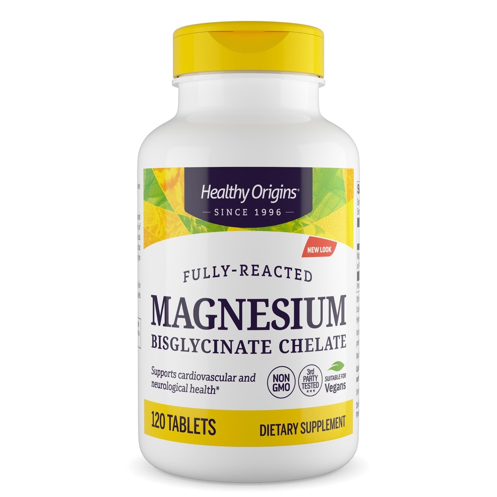 Healthy Origins Magnezu Bisglicinate Chelate (Non- GMO, Gluten Free, Wsparcie sercowo-naczyniowe, Wsparcie dla kości, Wsparcie neurologiczne, Wegan), 120 tabletek