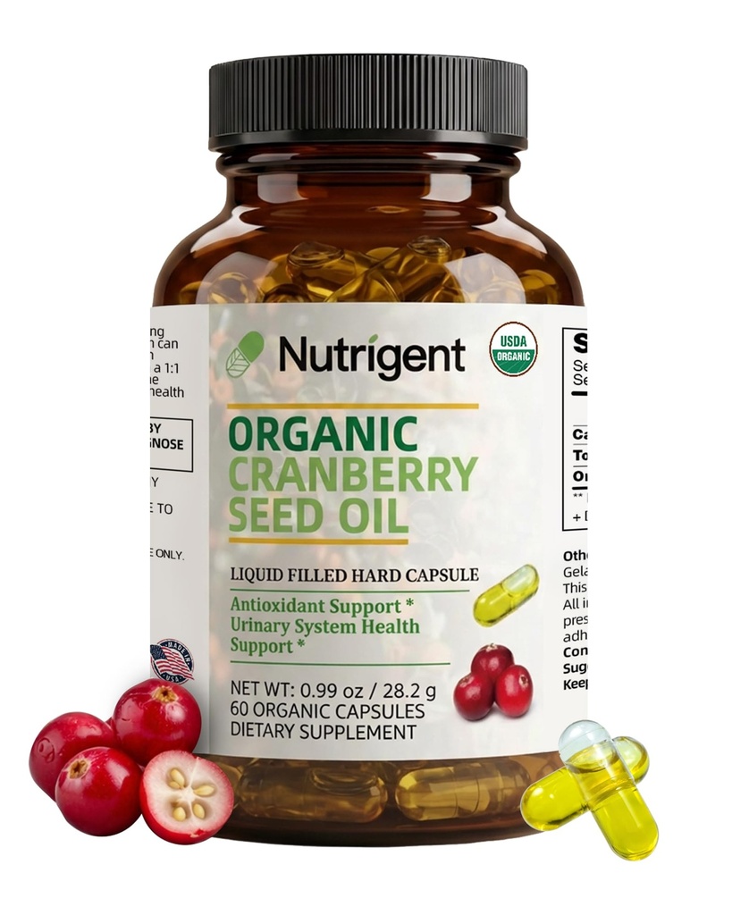 USDA Organic 100% Czysty olej z nasion żurawiny 940 mg, Plant Sourced Omega 3- 6- 9 Kwasy tłuszczowe, Liquid Organic Kapsułki, Urynary Health & Skin Health Support, 60 Kapsułki