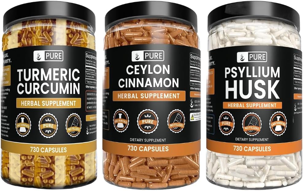 PURE ORYGINALNE WŁÓKIENNIKI Ceylon Cynamon, Pyllium Husk, i Turmeric Capsule Bundle (730 Kapsułki Każdy), Nie Magnezu lub Ryż Fillery
