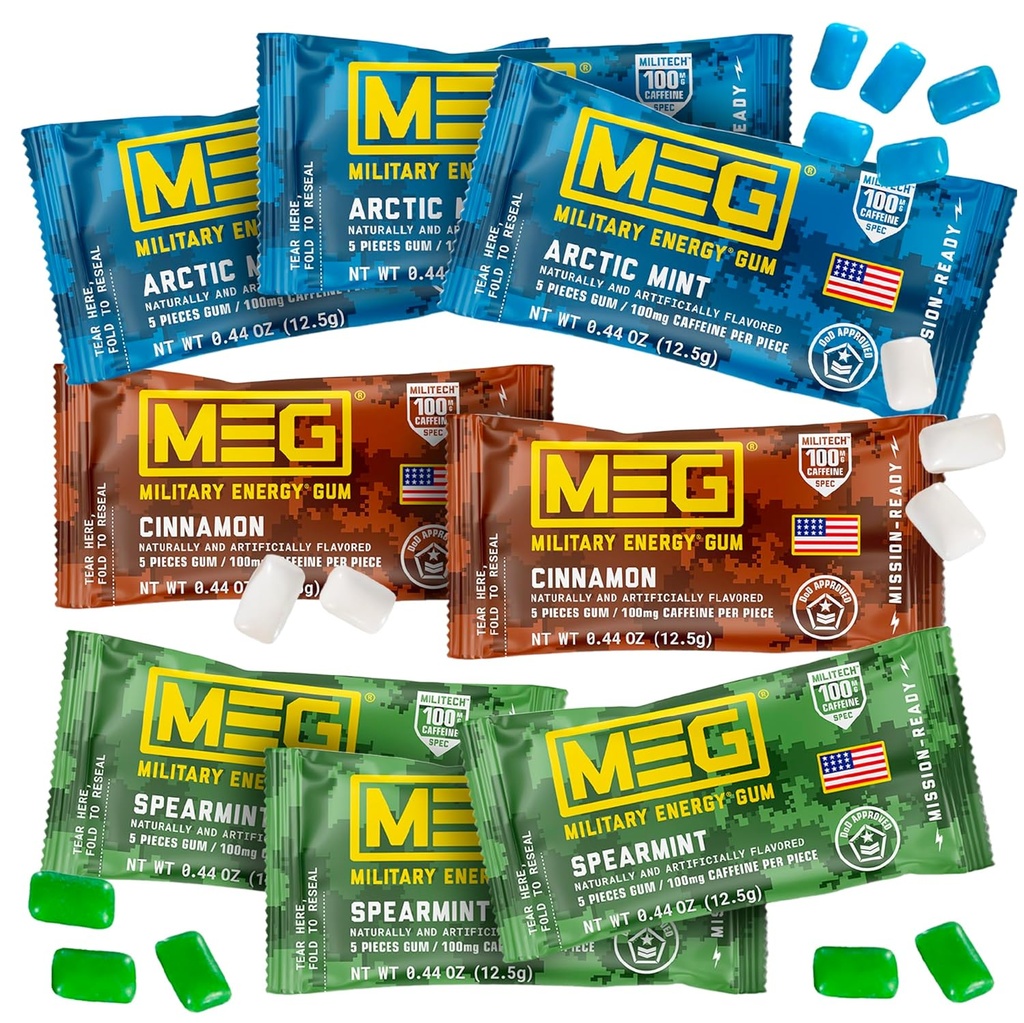 MEG - Wojskowa Guma Energetyczna 124; 100mg kofeiny na kawałek + Zwiększenie energii + Zwiększenie sprawności fizycznej + Multi Flavors of Arctic Mint, Spearmint, & Cynamon + 8 opakowań (40 Count)