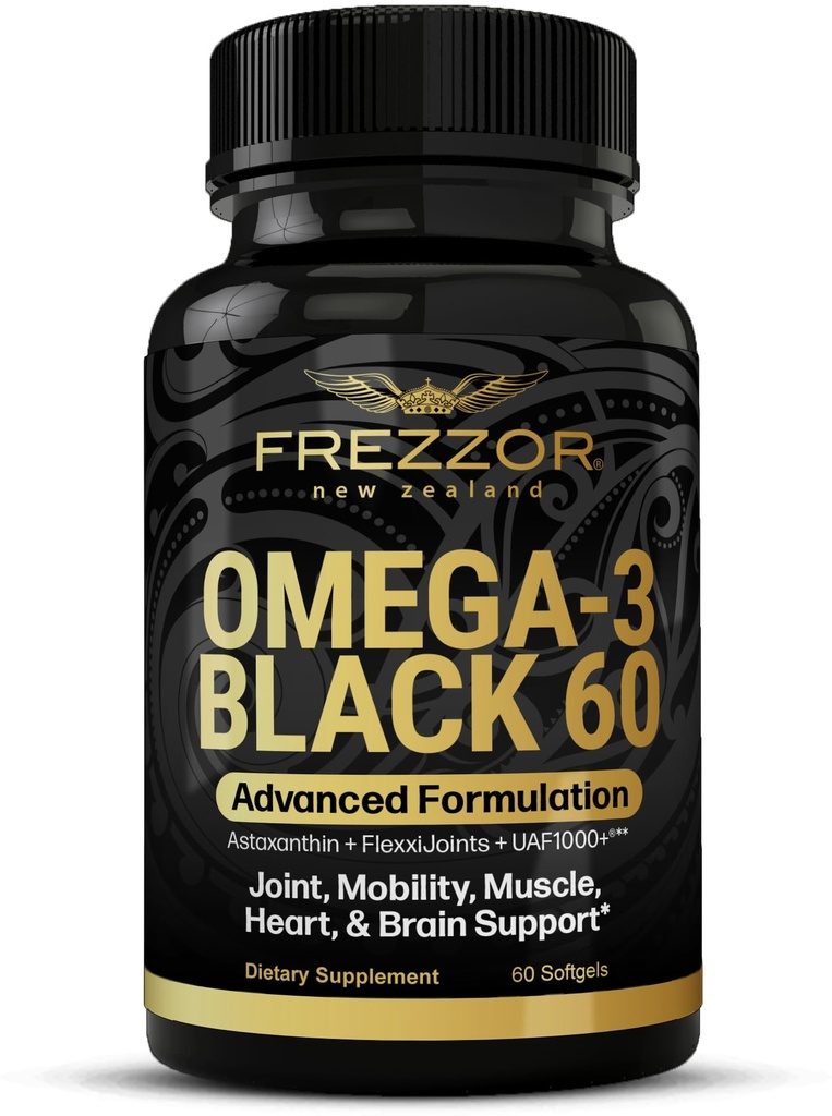 FREZZOR Omega 3 Black for Joint Care & Comfort - Nowa Zelandia Green Lipped Mussel Oil Kapsułki; 53x Wyższa moc z UAF1000 + Super Antioksydant, No Fishy Aftersmast, 1- Pack, 60 Softgels