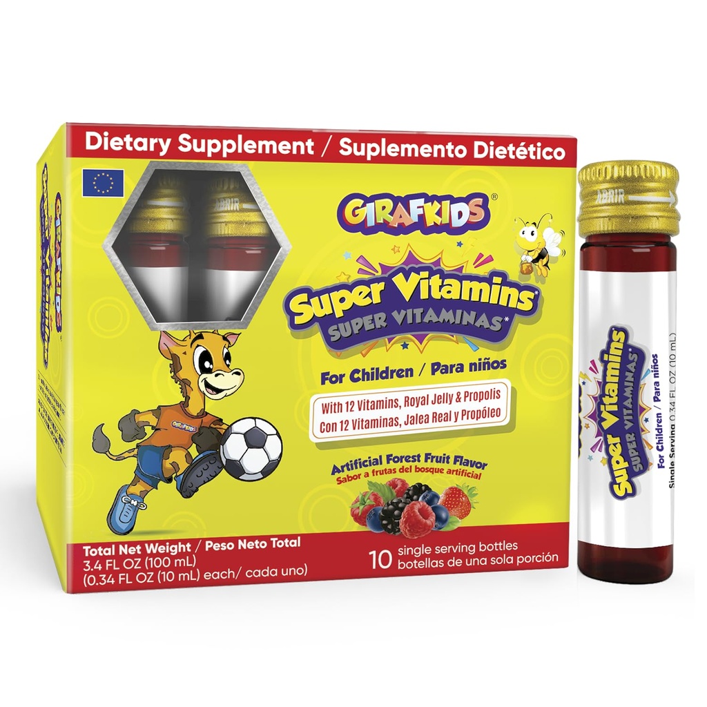 GirafKids Super Witaminy dla dzieci w wieku 4 + 124; 10 Podawanie butelek Liquid Multivitamin dla immunologicznego wsparcia i energii 124; 12 Witaminy 124; Smaczny owoc leśny Flavor 124; Wzbogacony o Royal Jelly & Propolis