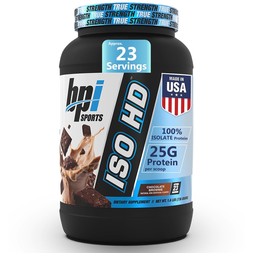BPI Sports ISO HD Isolate Protein Powder - 100% Serwatka Isolate, Protein Powder for Muscle Gain - Czekoladowy Brownie - 1.6 Lb - 23 Służenie