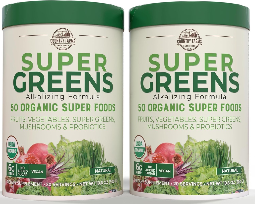 Gospodarstwa wiejskie Super Zielone Natural Flavor, 50 Organic Super Foods, USDA Organic Drink Mix, Owoce, Warzywa, Super Zielone, Grzyby i Probiotyki, Wsparcie energii, 40 Służenie, 10.6 Oz, 2 Pack