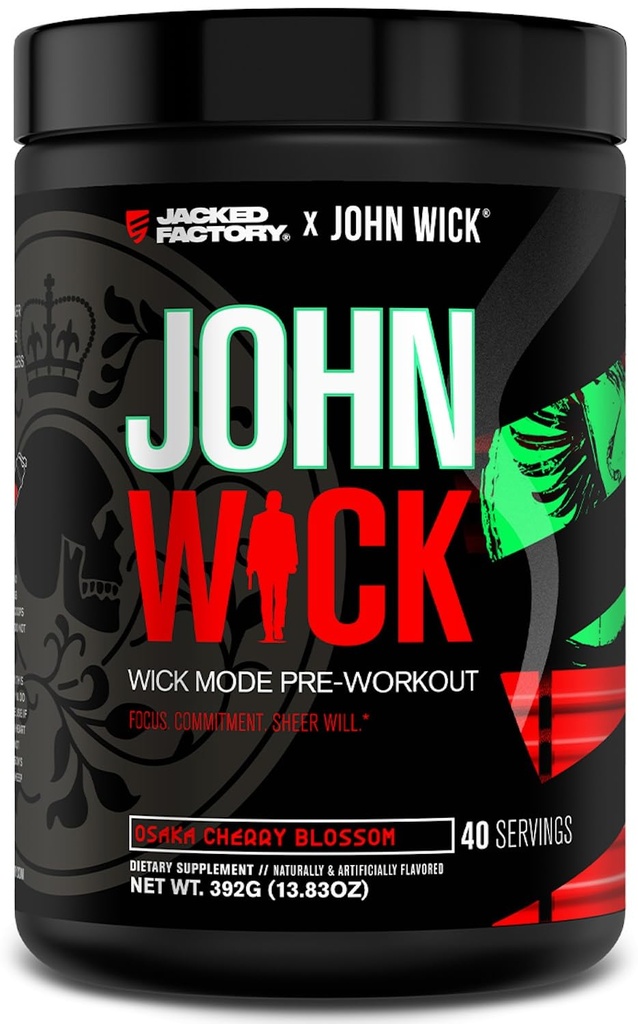 Jacked Factory X John Wick - Wick Mode Pre Workout Powder - Intensywna energia, Battle- Ready Focus, Niepowstrzymane zaangażowanie i Sheer Will - 40 Sług, Osaka Cherry Blossom
