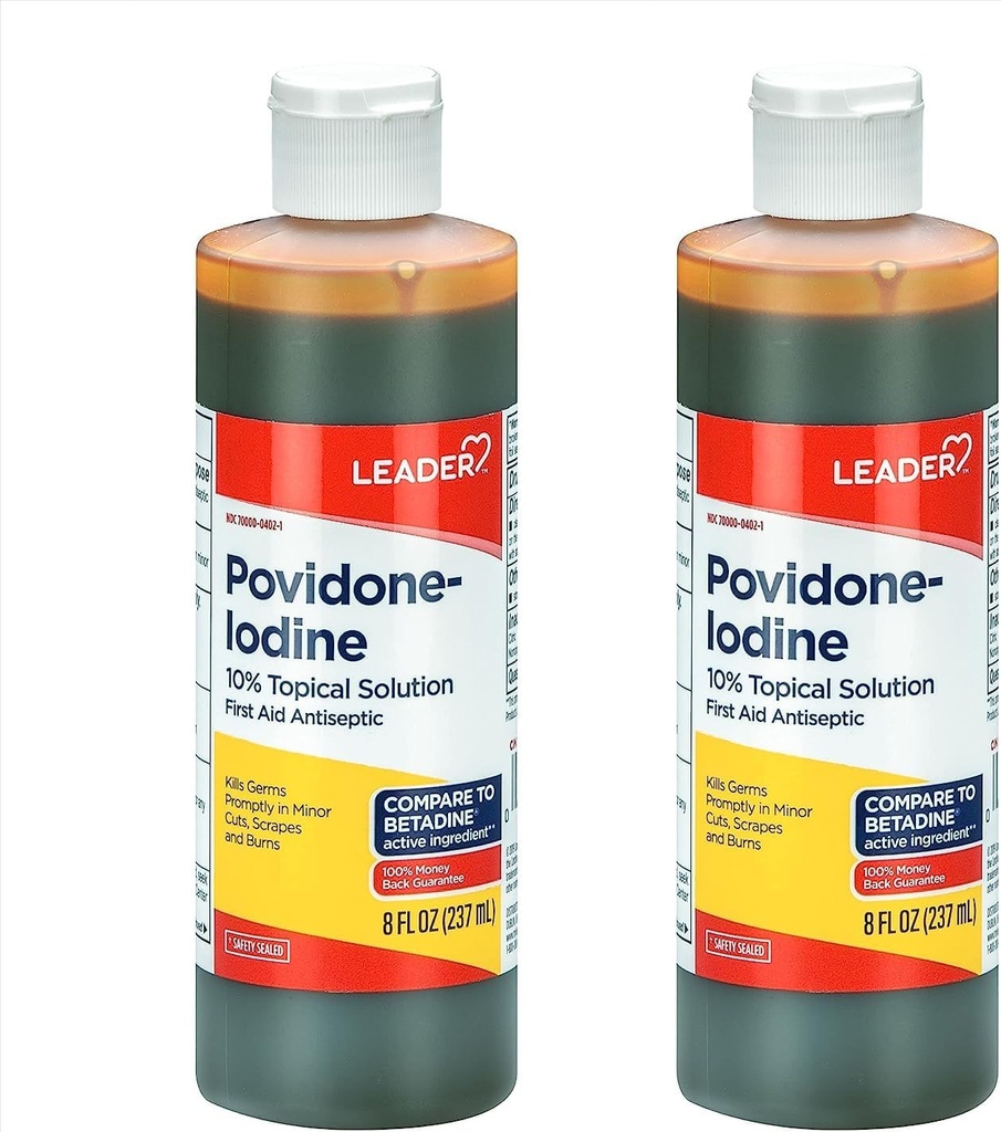 Leader Powidon Jod 10% Prep Solution USP, pierwsza pomoc Antyseptyczne Oczyszczanie Rana, Mycie Rana, Antyseptyczne Mydło (8 Fl Oz, Opakowanie 2)