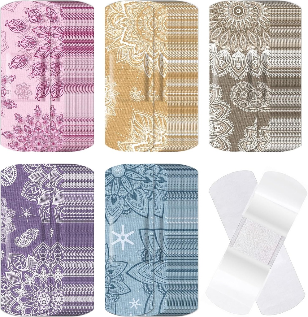 120 Pcs Fabric Adhesive Flexible Bandages Bulk Assorted Shapes and Patterns Small Colorful Pretty Fabric Bandages with Non Stick Pad 3 x 1 Inch for Cuts Wound Scrapes Women(Mandala)