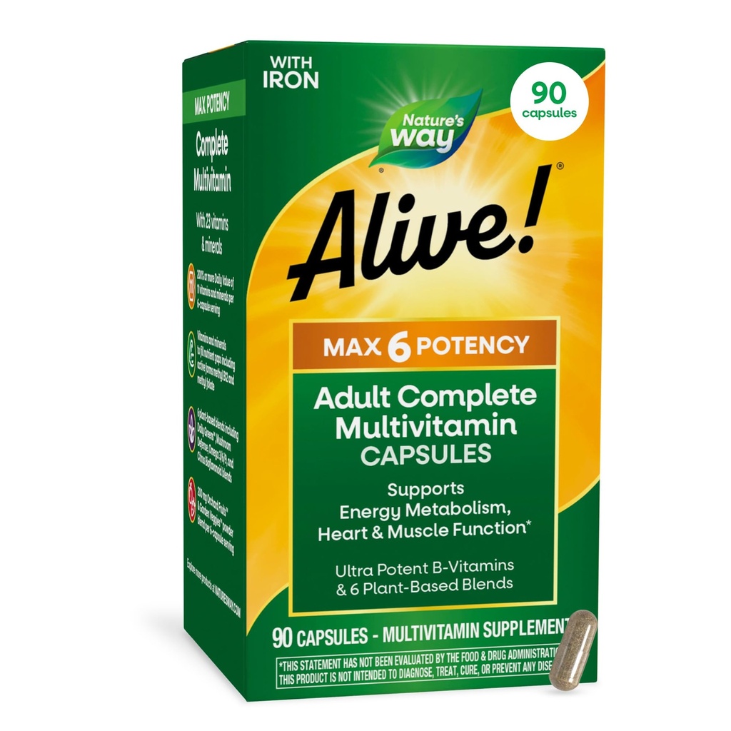 Nature 's Way Alive! Max6 Potencjał Adult Complete Multivitamine, z żelazem, Witaminy A, C, E & B- Witaminy Włączając Methylled B12 & Folate, Wspiera metabolizm energii *, 90 Kapsułki (Opakowanie może Vary)