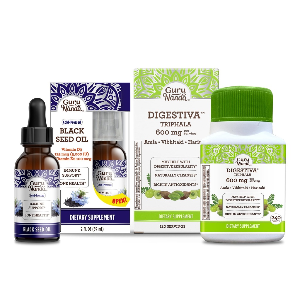 GuruNanda Black Seed Oil, Cold- Pressed Nigella Sativa - Bogaty w witaminy D3 5000 Jednostki & Digestiva Triphala (240 Tablets), Pomaga trawienie, Pomaga z wzdęcia