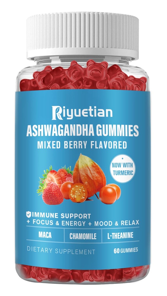 Ashwagandha Gummies for Women & Men - Stress Relief, Wsparcie immunologiczne & Zwiększona energia - Sugar Free, Wegan - Organic Ashwagandha Suplementy korzeniowe Gummy- Natural Strawberry Flavor (60 Count)