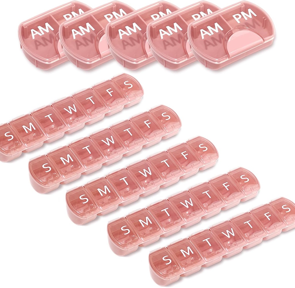 10 Pack (Weekly & Daily), 2 razy dziennie (AM / PM) + 7- Day Pill Organizer, Planer witaminy, Duży zestaw pilek, Podróże pill Case for Medication / Witaminy / Oleje rybne / Suplementy, Różowy