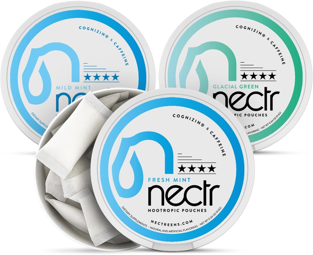 Nectr Energy Nootropic Pouches Mint Mix - Kofeina Pouches with Cognizin Citicoline. 3 smaki: łagodna i świeża mięta oraz lodowata zieleń. Bez cukru, Nikotyna wolny spokój Focus & Suplement energii