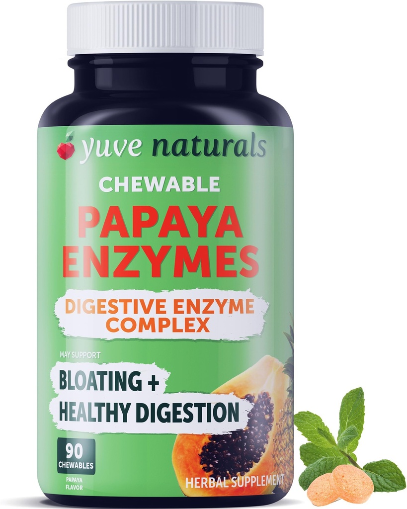 Yuve Natural Papaya Digestive Enzymes - Bezcukrowe cukierki do żucia - Promotes Better trawienie - Zaparcia i Bloating Aid, Detox, Leaky Gut Repair & Gas Relief - Vegan, Non-GMO, Gluten- Free - 90ct