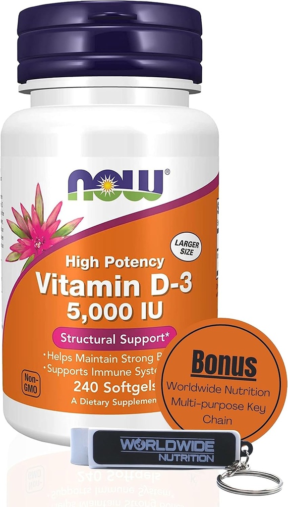 Worldwide Nutrition Now Supplements Witamina D3 5000 IU Softgels - Wysokiej mocy formuła dla wsparcia strukturalnego D 240 Hrabia Witamina, Organic & keychain