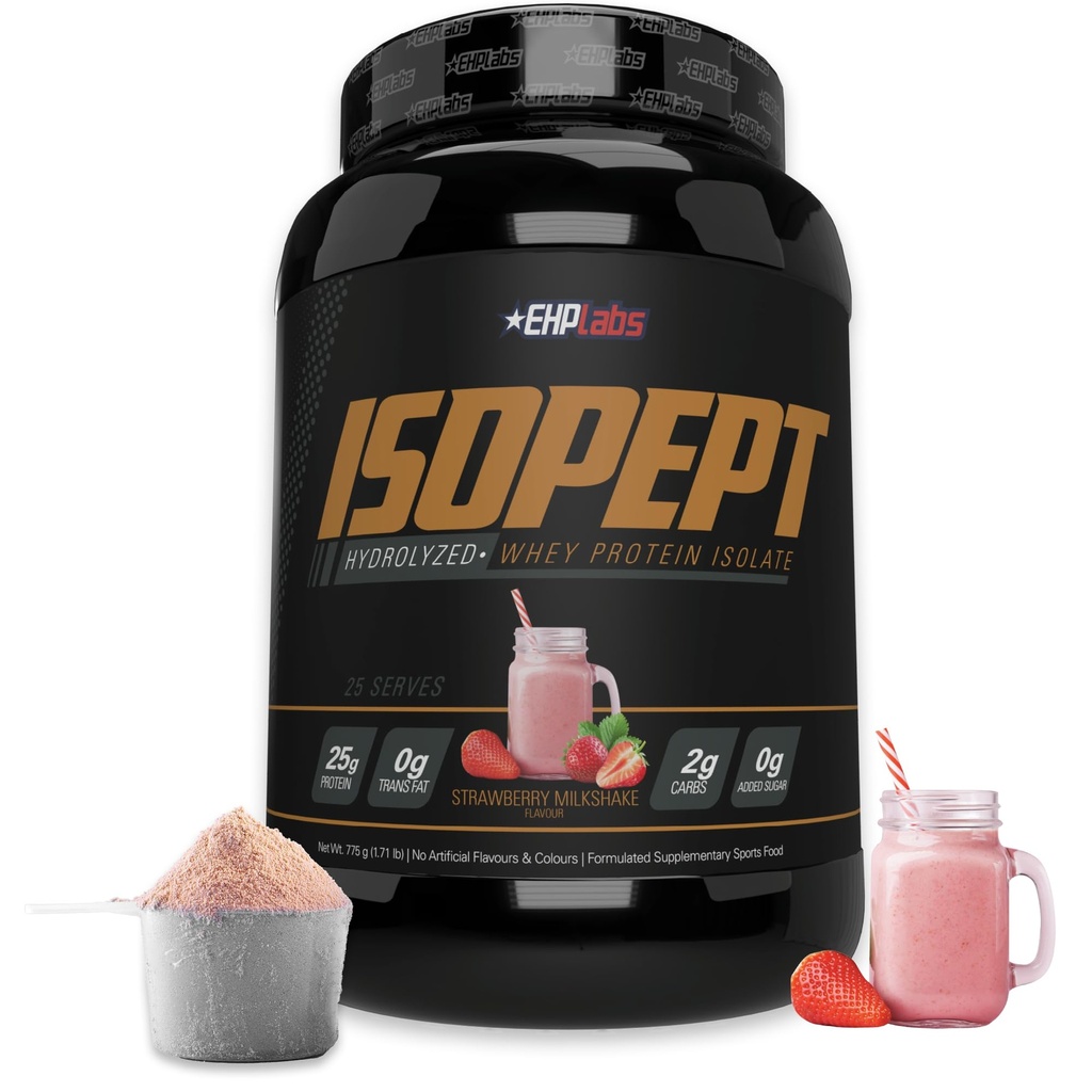 Proszek do hydrolizy białka serwatki IsoPept przez EHPlabs - 100% Izolat i Hydrolizat białka serwatki, 27g białka, Non-GMO, Gluten Free, Szybkie Absorbowanie, Easy Treating, 27 Serwów (Truskawkowy Milkshake)
