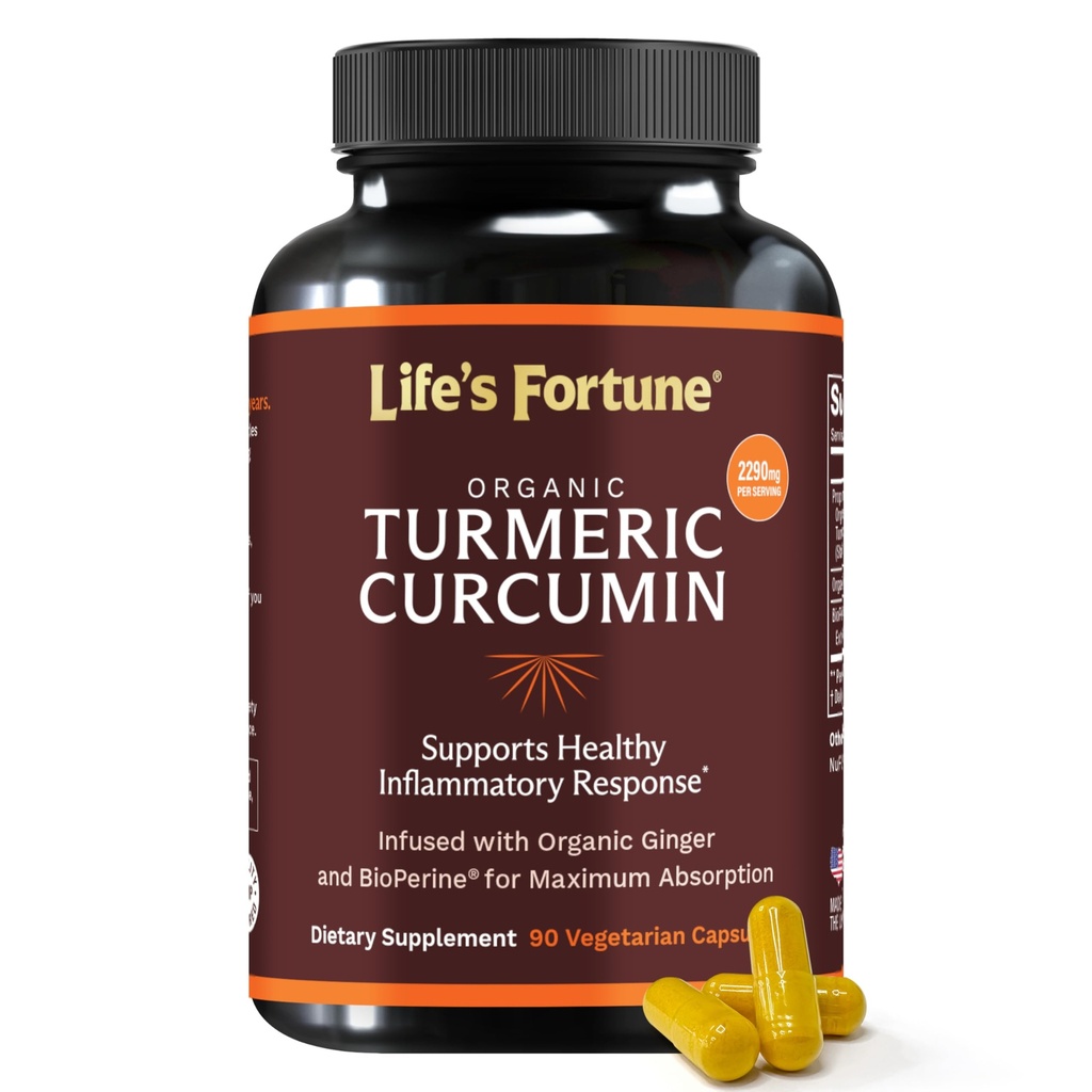 Fortune Organiczna kurkumina turkusowa z czarnym pieprzem i imbirem, Zwiększona absorpcja, Dodatkowy suplement siłowy, Wspólne i immunologiczne wsparcie, Non-GMO, 90 Cap - 2250mg