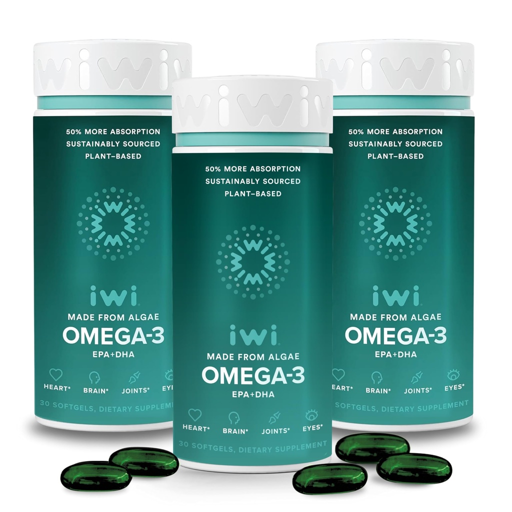 Iwi Omega-3, 90 Softgels (90 Servings), Vegan Plant- Algae Omega 3 z EPA + DHA, Body Supplement Dietetyczny, Kryl & Fish Oil Alternative, No Fishy Aftersmast