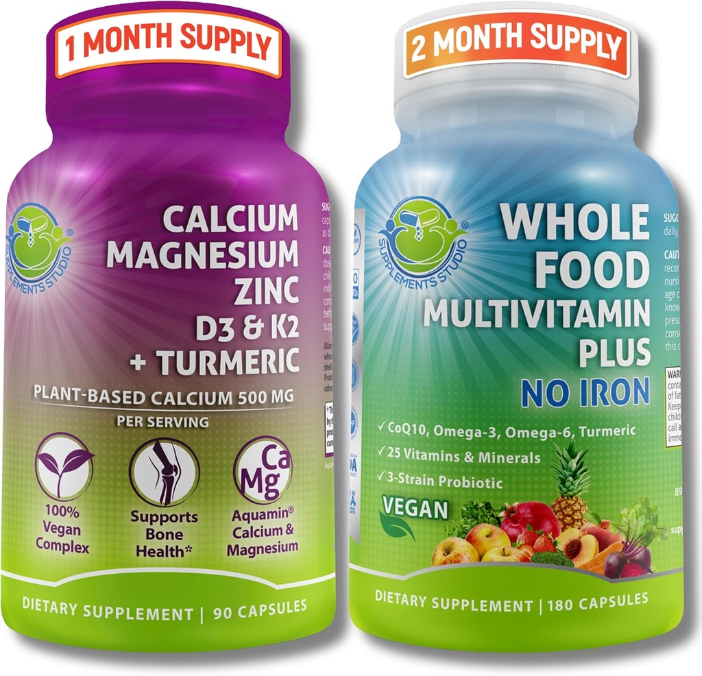 UZUPEŁNIANIE UZUPEŁNIANIE Codzienne immunologiczne, Bone & Energy Support Bundle for Men & Women - Vegan Whole Food Multivitamine Without Iron & Plant- Based Wapnia Magnez D3, K2 & Turmeric - Vegan, Non-GMO