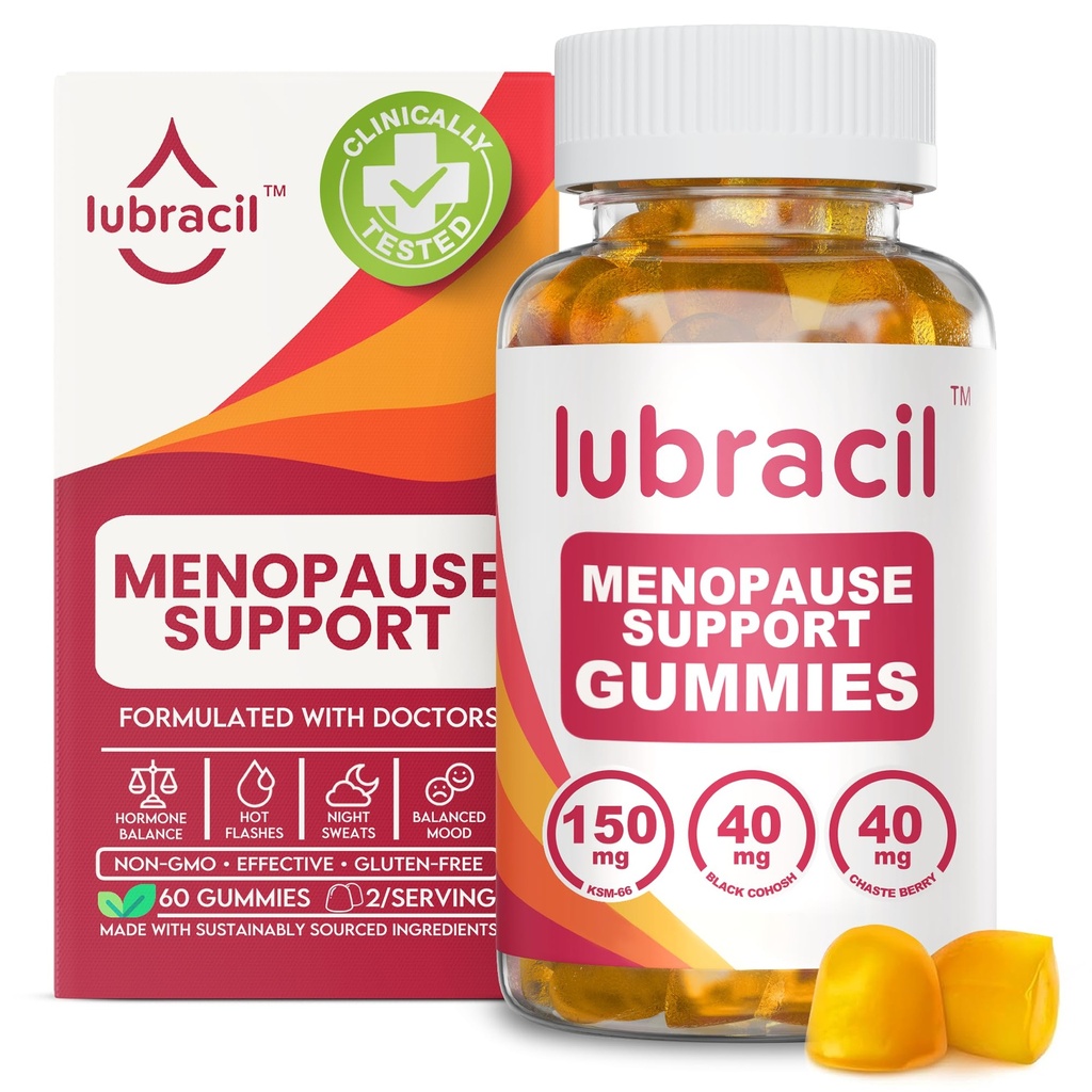 Lubracil Menopauza Gummie dla kobiet - Suplementy menopauzalne dla gorących błysków, nocnych potów, huśtawek nastrojów i równowagi hormonalnej - Cohosh i Ashwagandha - 60 Gummies (Opakowanie 1)