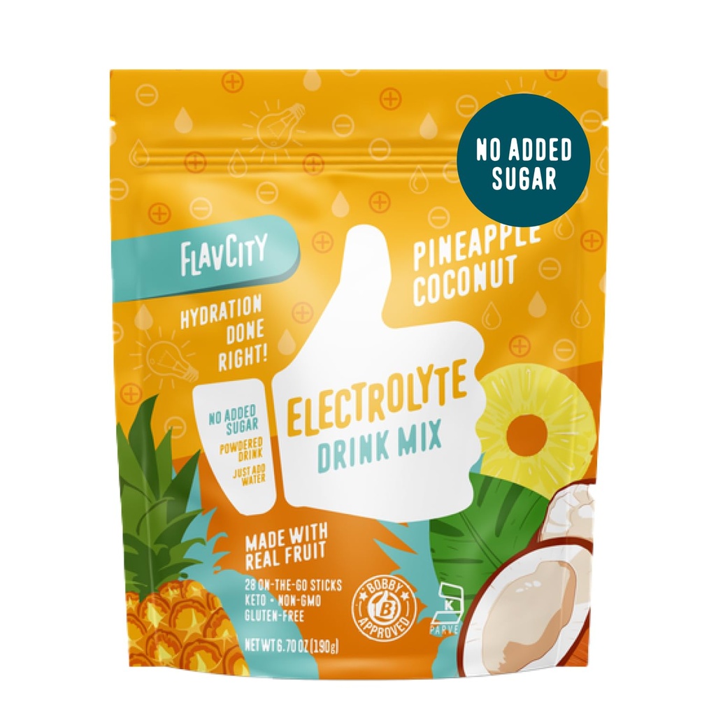 FlavCity Ananas Coconut Electrolytes Puder Pakiety - 28 Pakiety nawadniające - Nie dodano cukru - Proszek nawadniający z prawdziwymi owocami i nierafinowaną solą morską - Keto & Gluten- Free (28 Pack stick)
