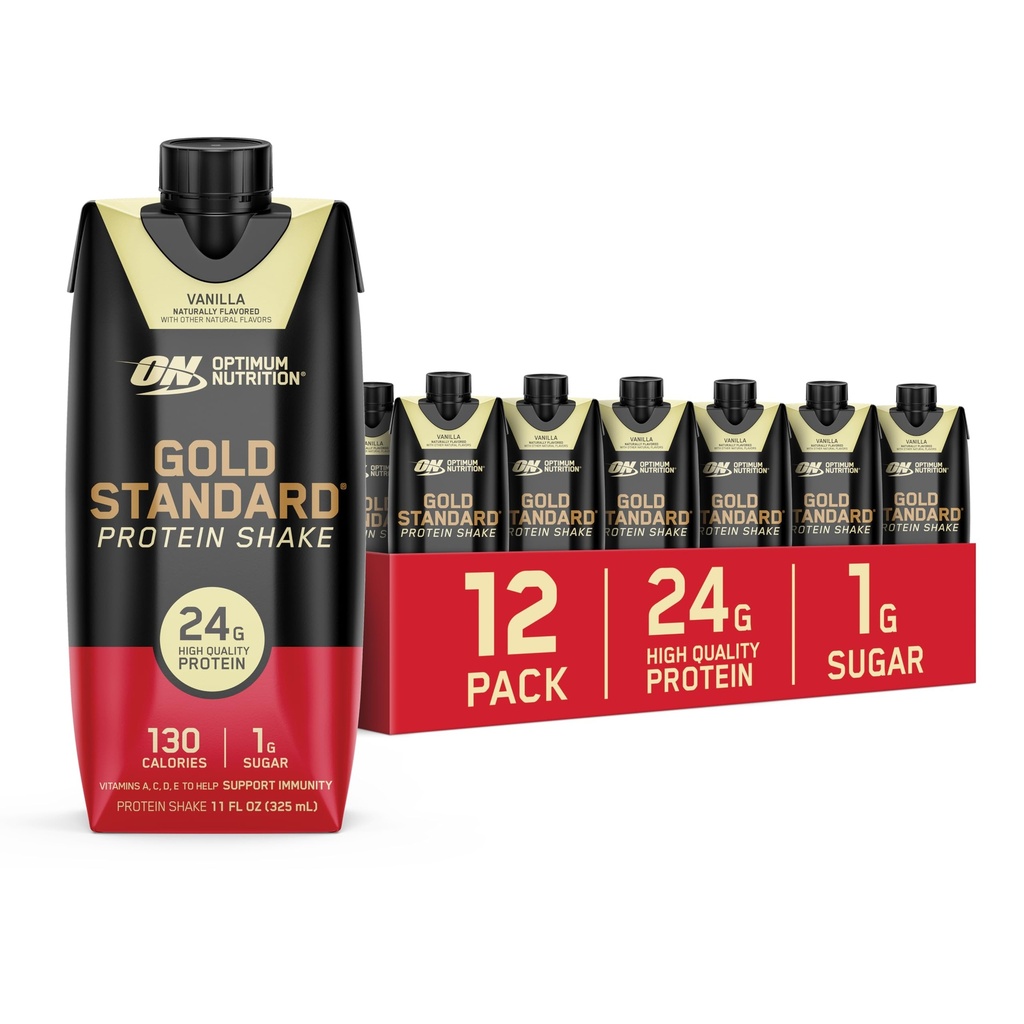 Optimum Nutrition Gold Standard Protein Shake, 24 g Protein, Gotowy do picia Protein Shake, Gluten Free, Witamina C do wsparcia immunologicznego, Vanilla, 11 Fl Oz, 12 Hrabia (Opakowanie po 1) (Packaging May Vary)