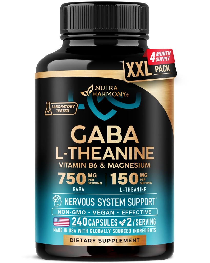 GABA L- Theanine 900 mg - Wyprodukowany w USA - Magnezu 124; Witamina B6 - Spokój, sen, Relaks i Wspomaganie nastrojów - 750 mg kwasu gamma aminobutyrycznego, 150 mg L- Theanine - Non-Habit Forming, Wegan - 240 Kapsułki