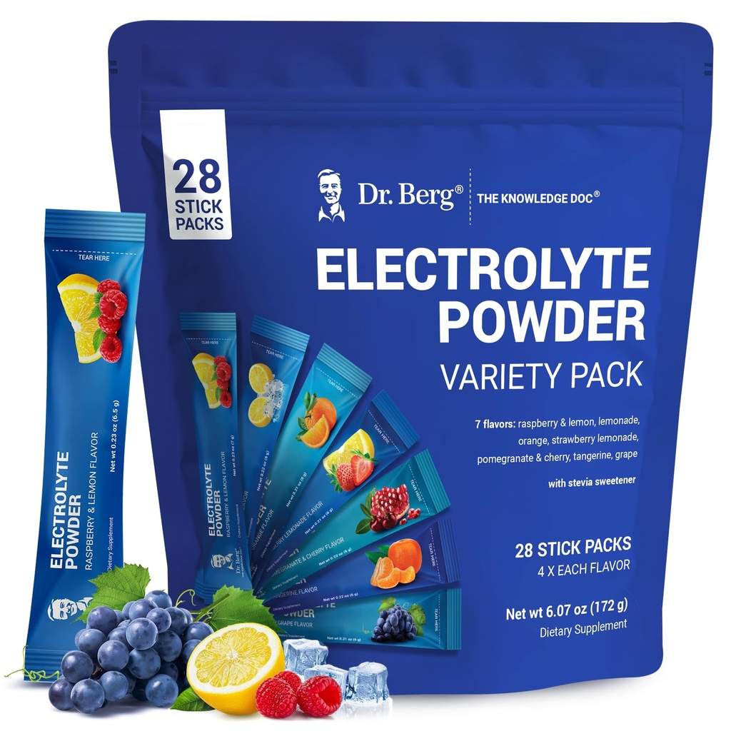 Dr Berg Sugar Free Electrolyte Powder Pakiety (Variety Pack) - Codzienna Electrolyte Drink Mix - 28 Total Hydration Pouches Sugar Free - Keto Electrolytes Powder Pakiety bez cukru - 7 Pyszne aromaty