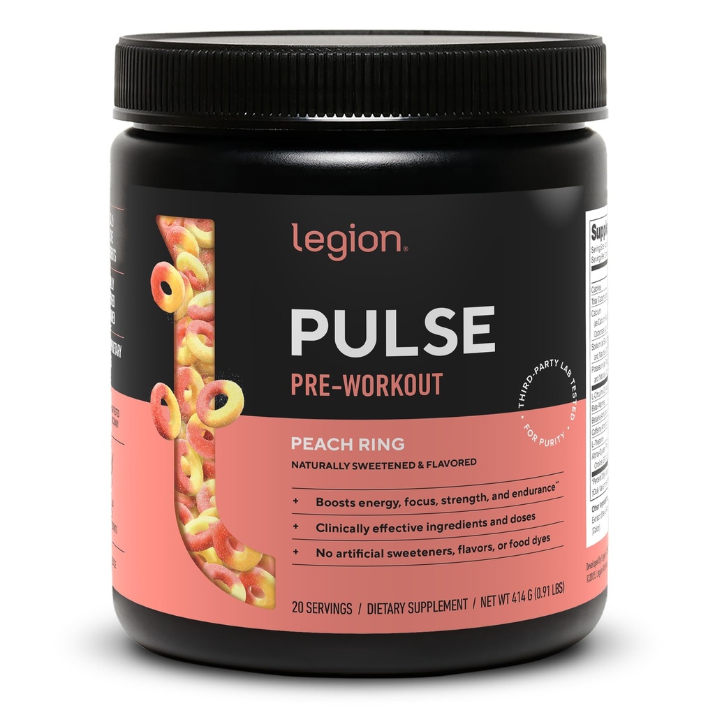 LEGION Pulse pre Workout - Wszystkie naturalne tlenek azotu Precuting Drink do Boost Energy, Stworzenie wolne, Naturalnie Sweetened, Beta Alanina, Citruline, Alpha GPC (Peach)