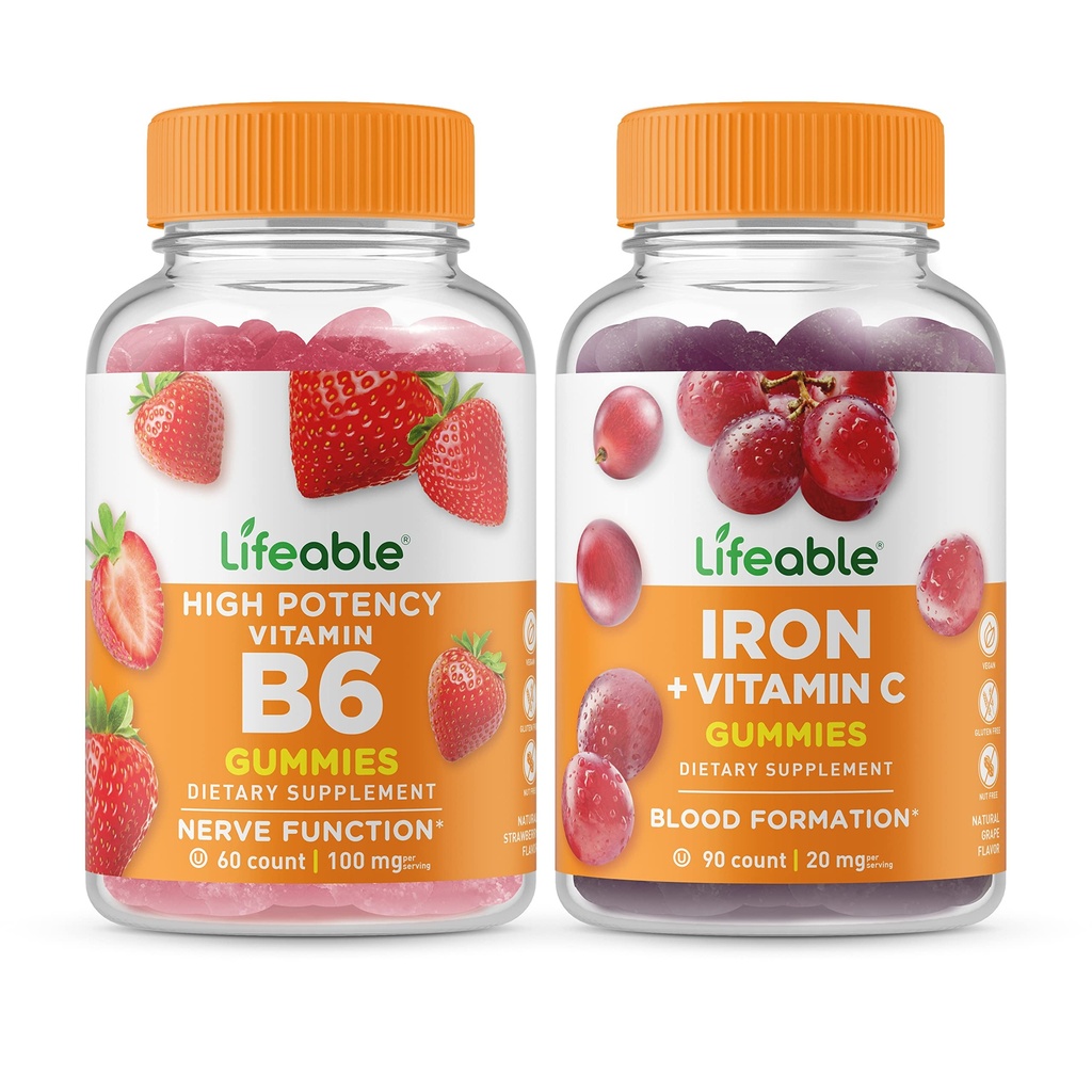 Żywa witamina B6 + Żelazko z witaminą C, Gummies Bundle - Wielki degustacja, Suplement witaminy, Gluten wolny, GMO wolny, Chewable