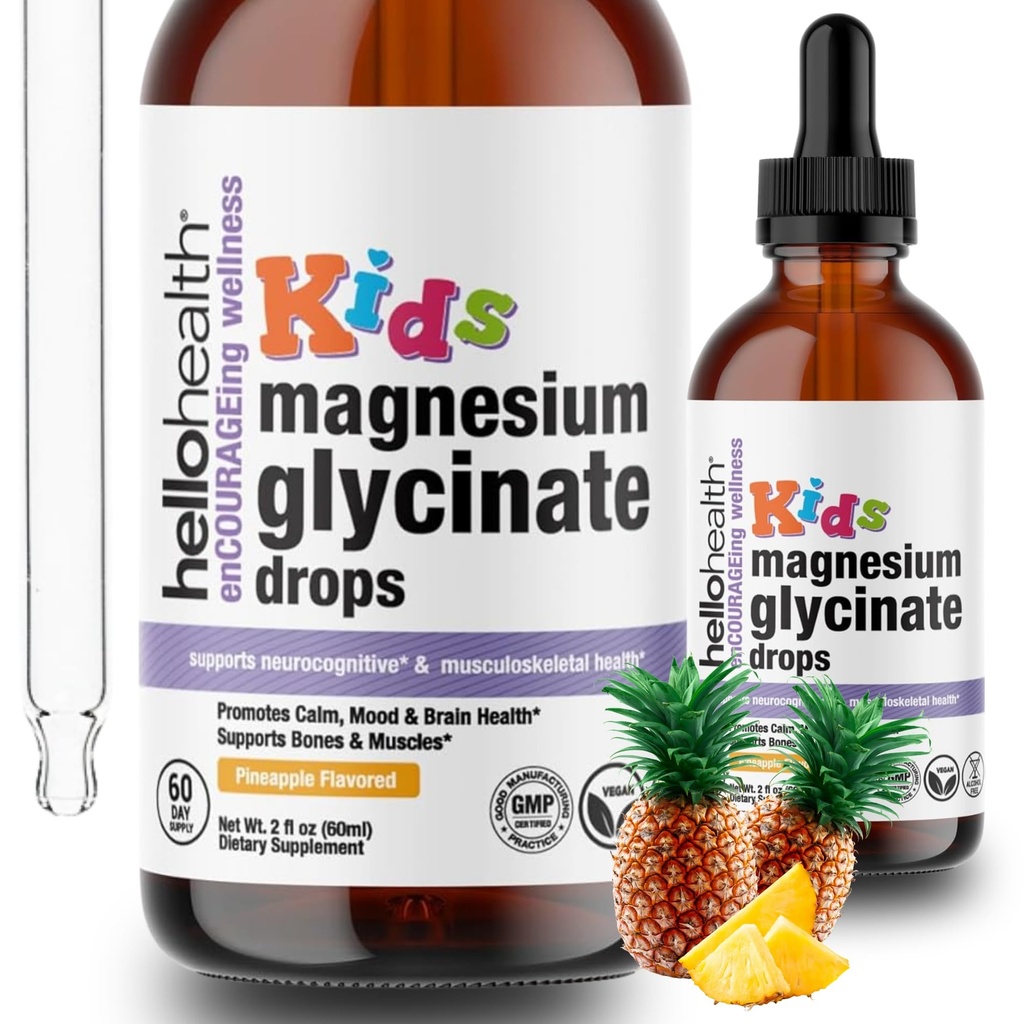 Dzieci Magnezu Glycinate płynne krople - bezcukrowe płynne krople Magnezu, Happy Calm for Kids Calming Supplement Complex - Magnez dla dzieci i snu nocnego, Ananas Flavor 2 Fl Oz.