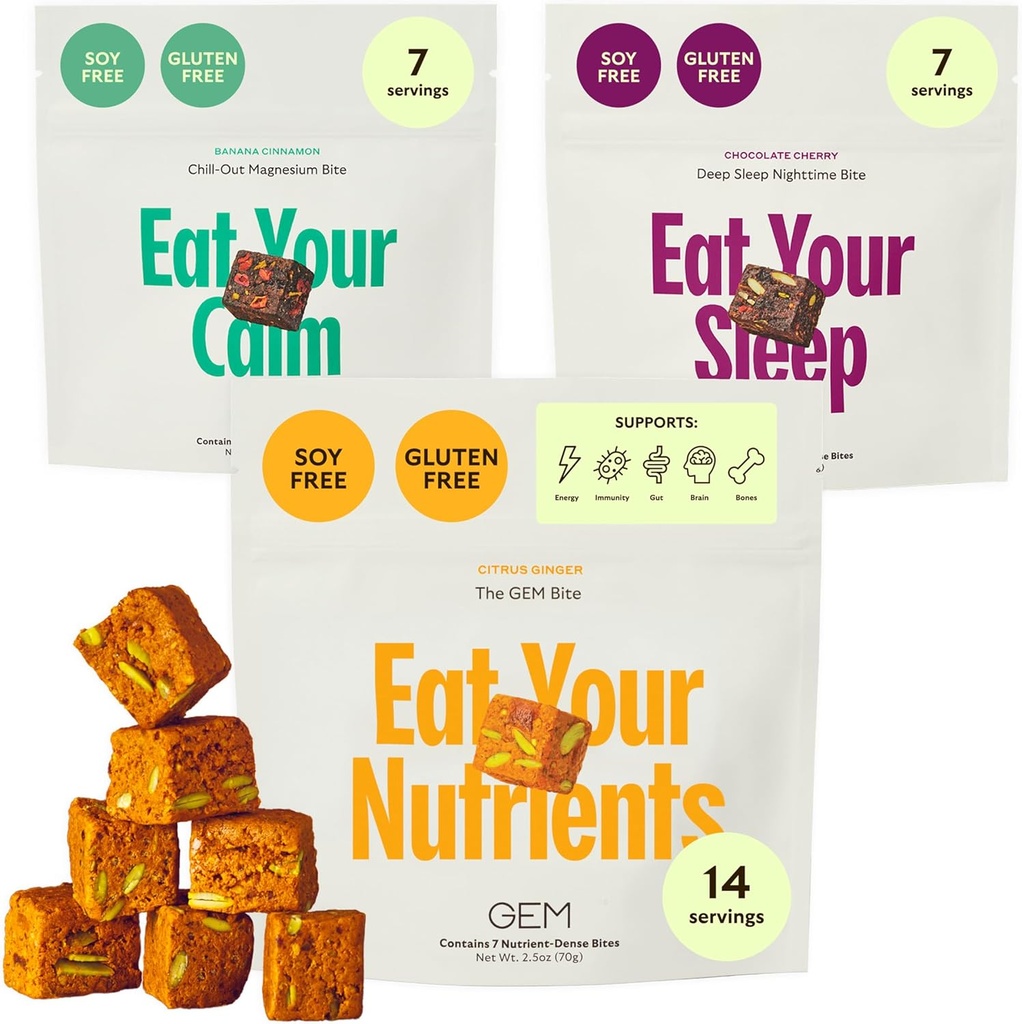 GEM Bite Complete Routine Variety Pack with Daily Multivitamine (14 Bites), Chill- Out Calm (7 Chews) & Deep Sleep Aid (7 Chews) 124; Wspiera Gut, Skóra, Mózg, Kości, Sen, Immunitet