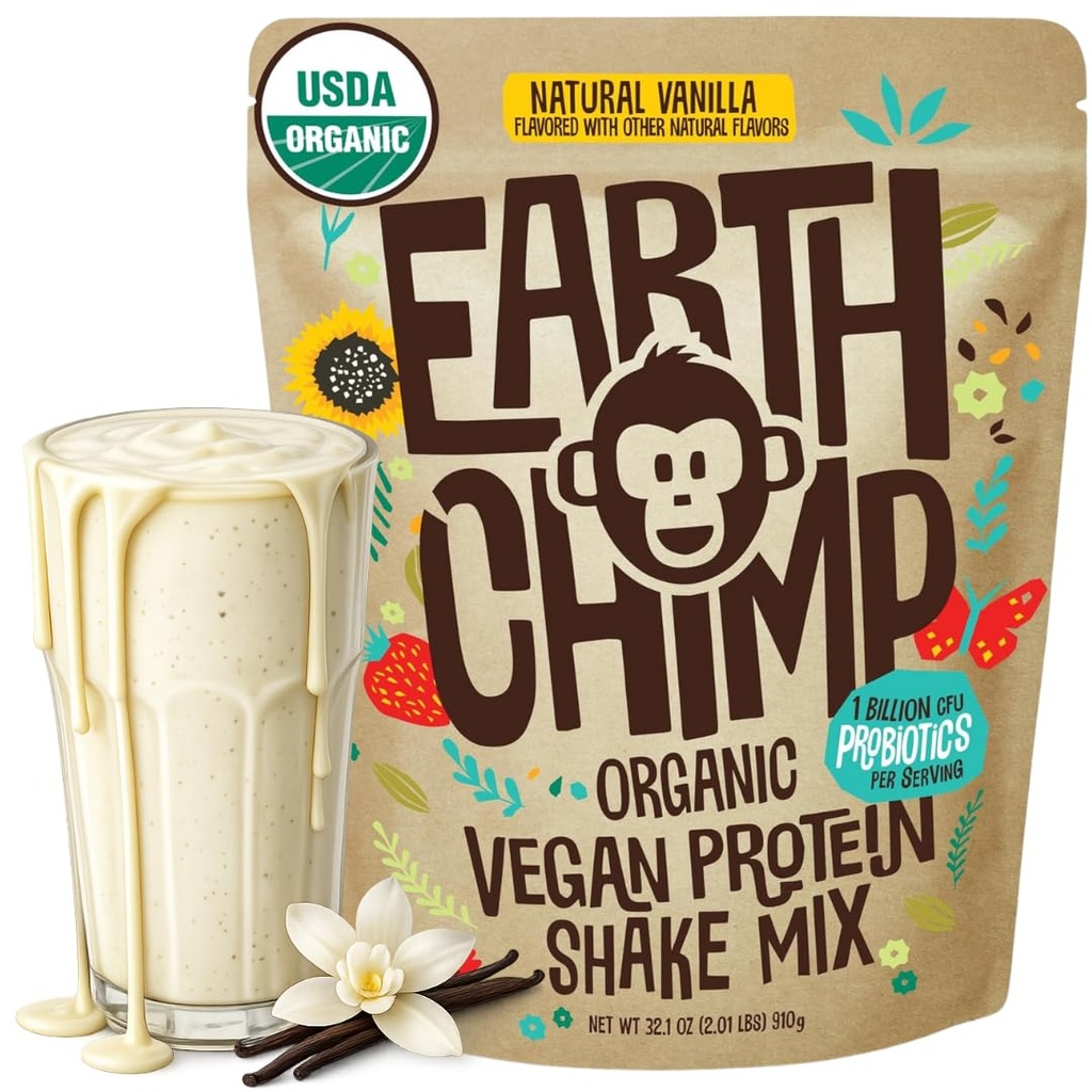 EarthChimp Organic Vegan Protein Powder - z probiotykami - Non GMO, Dairy Free, Non Whey, Plant Based Protein Powder for Women and Men, Gluten Free - 26 Servings 32 Oz (Vanilla)