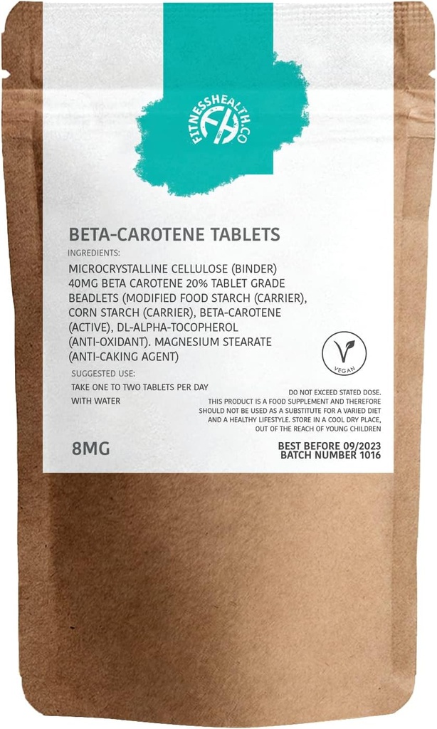 Fitness Health Beta- Carotene 8MG 120 Tablets - Czyste źródło witaminy A - Zdrowy system skóry i odporności - Przyspieszenie garbowania - Gluten & GMO-