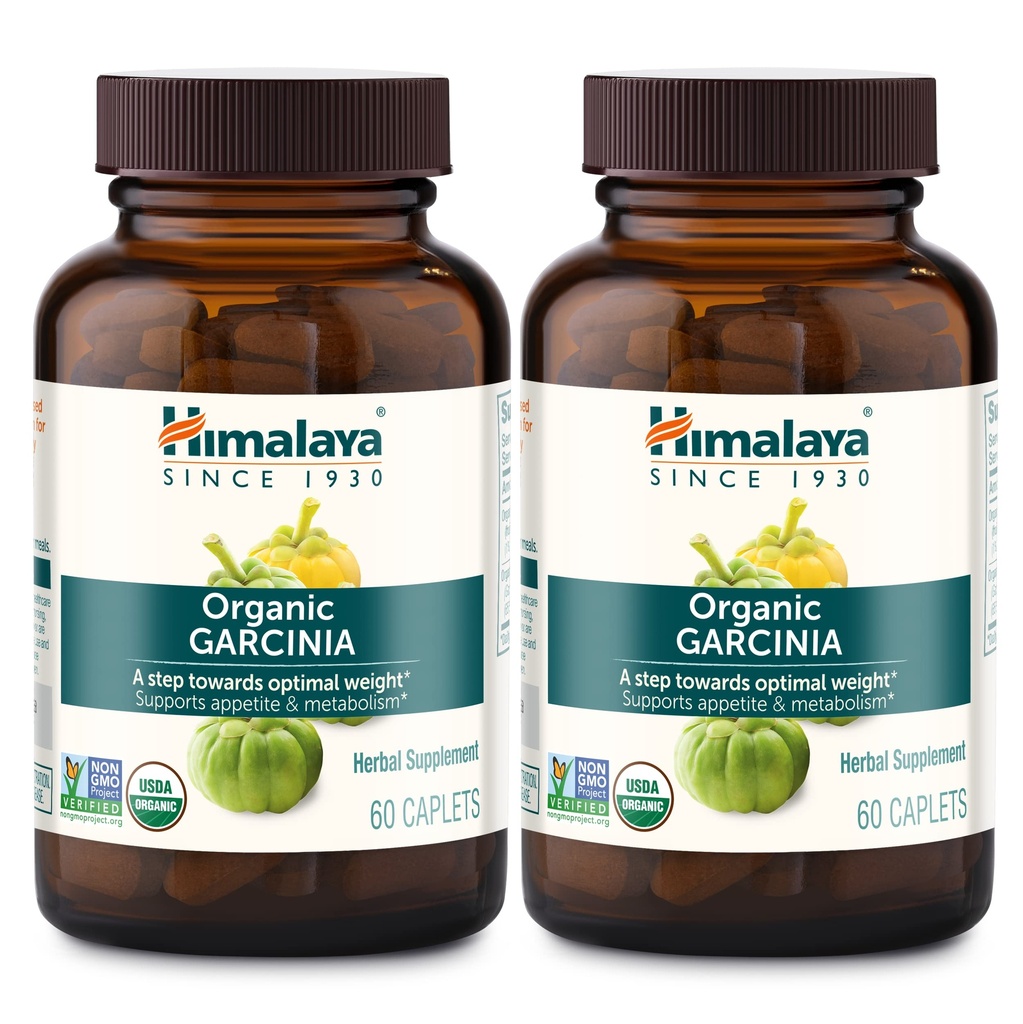 Himalaya Organic Garcinia Cambogia Herbal Supplement, Apetite Support, Metabolizm lipidów, Wsparcie wagi, USDA Organic, Non-GMO, Wegan, 600 mg, 60 Plant- Based Capplets, 2 opakowania