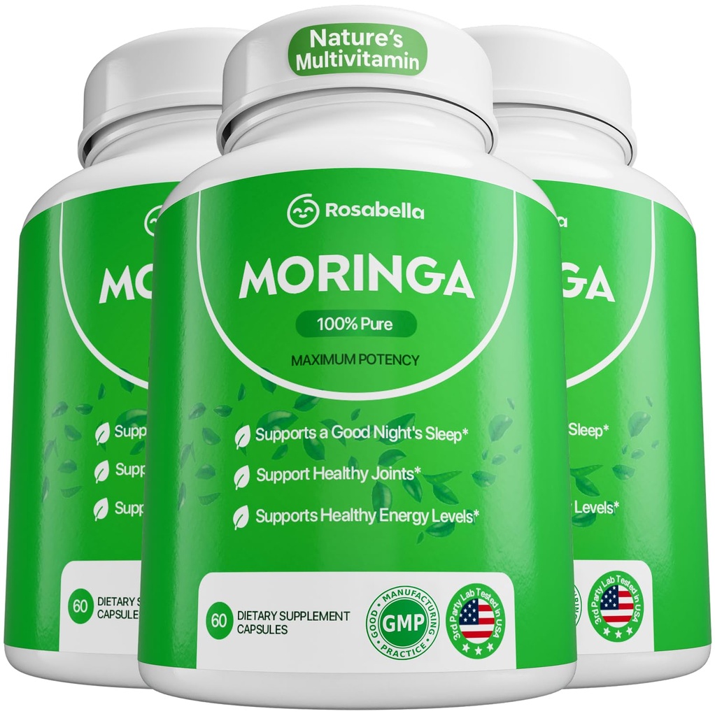 Rosabella Moringa Kapsułki - Czysty Moringa Proszek, Energia, Skóra, Immune & Gut Zdrowie Superfood, Bogate w przeciwutleniacze, Witaminy i aminokwasy, Naturalne Green Superfood Suplement - 180 Hr