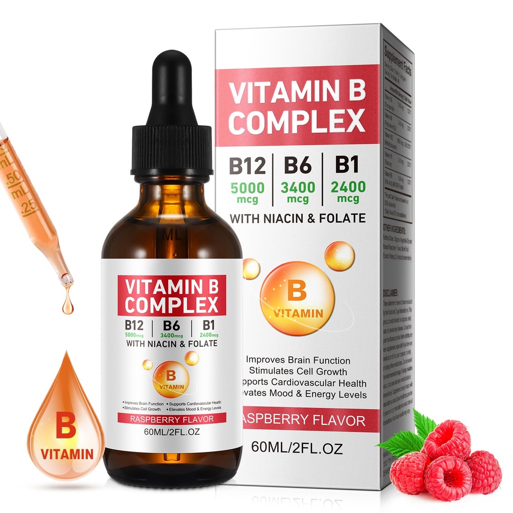 Witamina B Complex Liquid, Wegańska Witamina B12 Liquid Drops Bis 124; B12 Methylcobalamina Bis 124; B1 Tiamina 124; B6 Pirydoksyna Bis 124; Niacyna - B Complex Liquid Drops, Support Energy, Mózg i Serce, 40 Służenie
