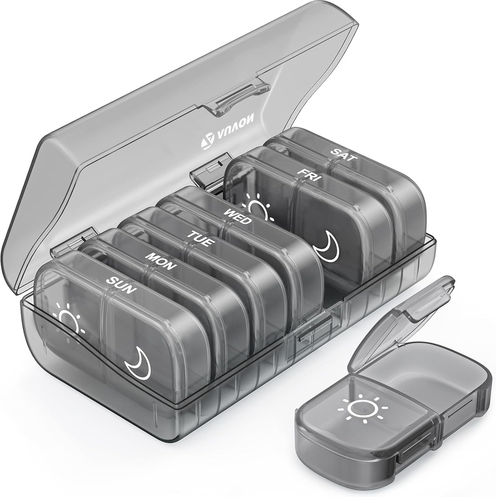 AUVON XL Cotygodniowy pill Organizator 2 razy dziennie, Pill Box 7 Dzień z One- Side Duże otwarcia dla łatwego w użyciu, Szary AM PM pill Case dla leków, Witaminy, Oleje rybne, Suplementy