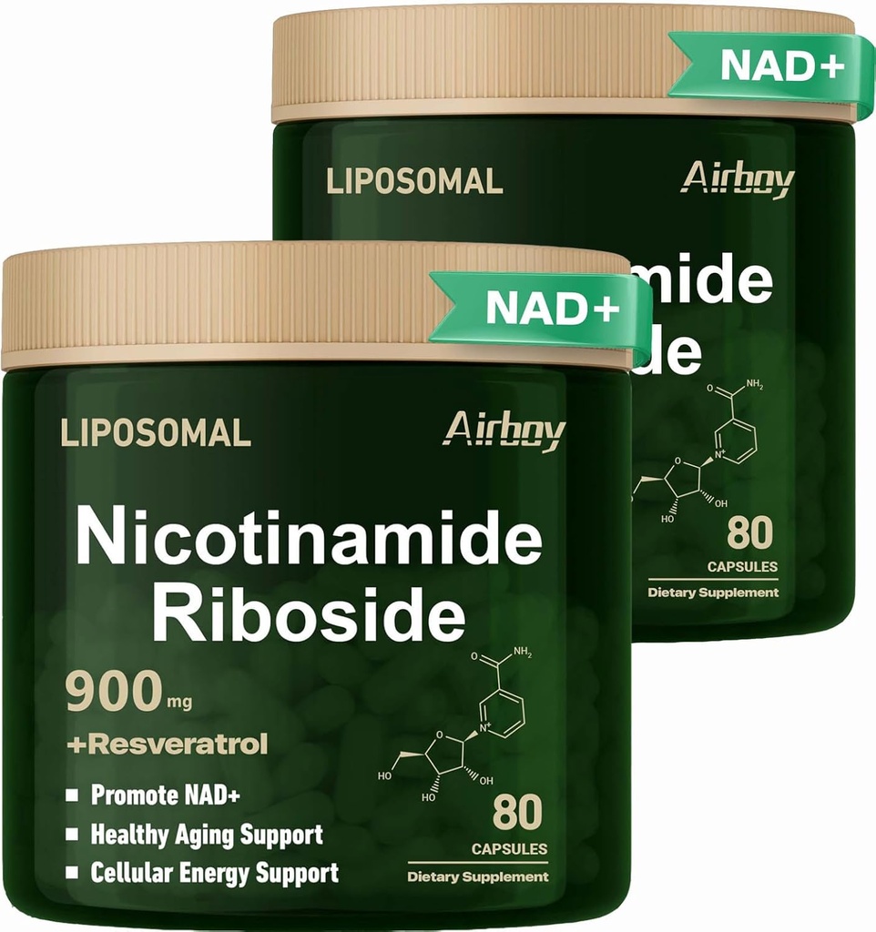 Airboy Liposomal Nikotynamid Riboside 900 mg, suplement NAD z resweratrol, NMN Alternatywne NAD wsparcie wsparcia anty- starzenia, Energia, Focus - 80 Capsulesx 2 Pack