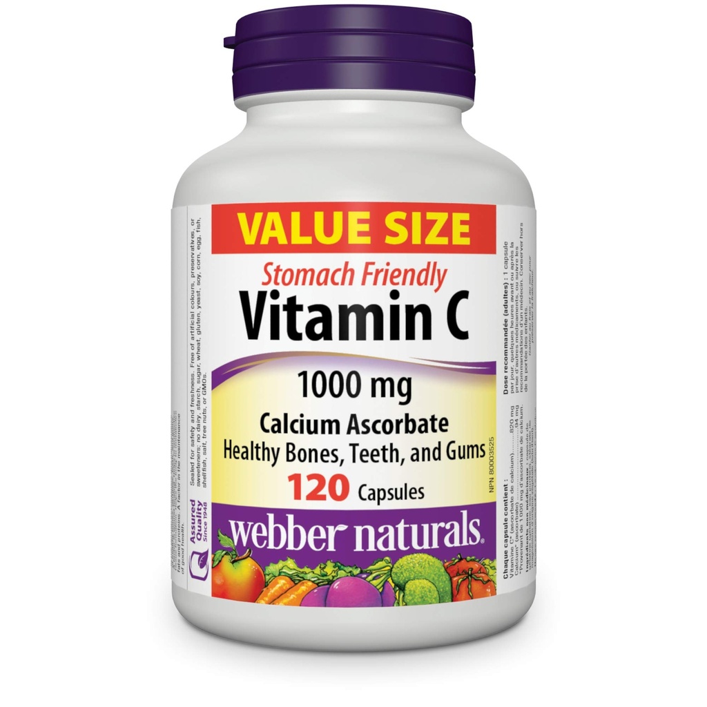 Webber Naturals Witamina C Wapnia Askorbinian 1000 mg · Żołądek Przyjazny, 120 Kapsułki