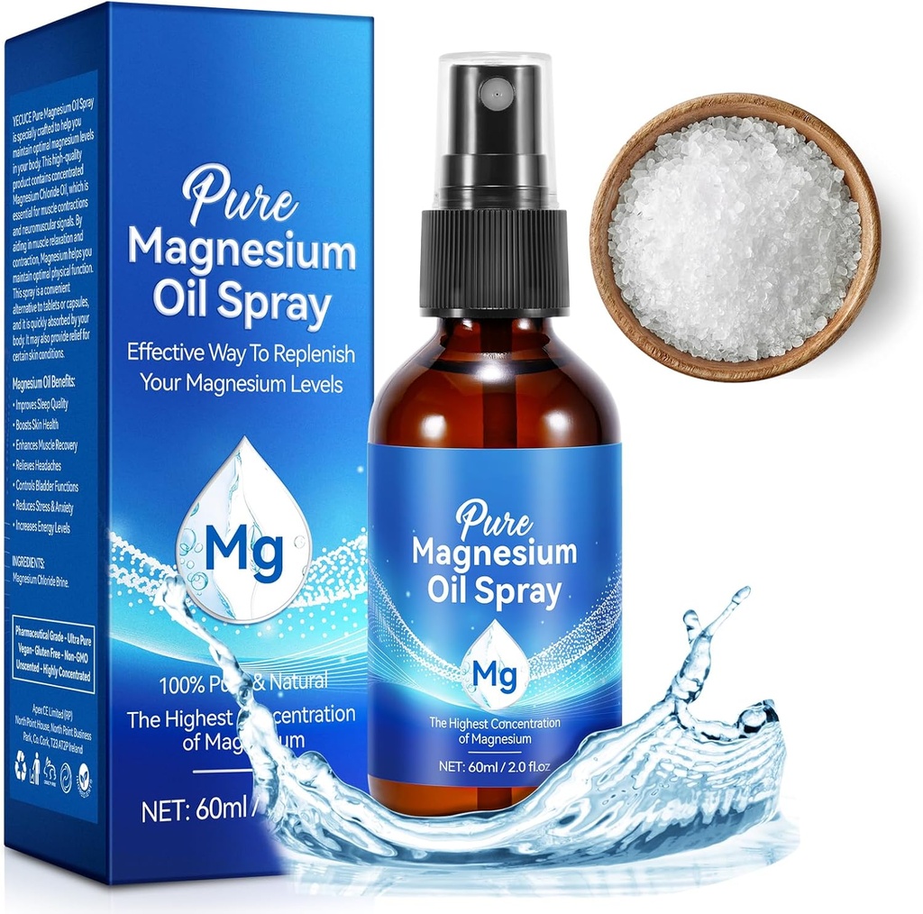 Rozpylacz oleju magnezowego, Czysty olej magnezowy do stóp, 100% naturalna i organiczna butelka szklana z magnezu, Łatwy do Absorbowania i wykorzystania, Rozpylacz magnezowy (2 Fl Oz, Opakowanie 1)