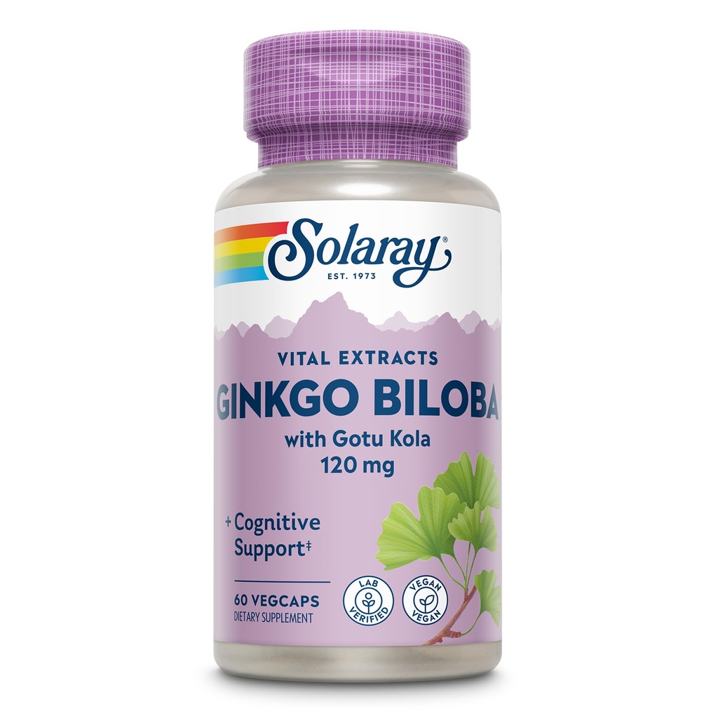 SOLARAY Ginkgo Biloba Extract with Gotu Kola - Ginko Biloba Capsules for Brain Health Support - Vegan, Lab Verified, 60- Day Guarantee - 60 Servings, 60 VegCaps (60 VegCaps)