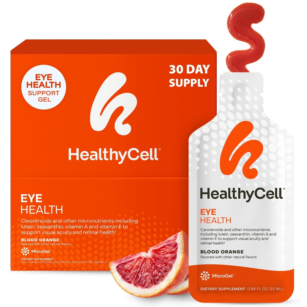 Codzienny suplement do cieczy Healthycell Eye Health - Witaminy i minerały do oczu z luteiną, zeaksantyną, astaksantyną i karotenem do pielęgnacji wzroku i wsparcia plamki - 30 opakowań żelowych