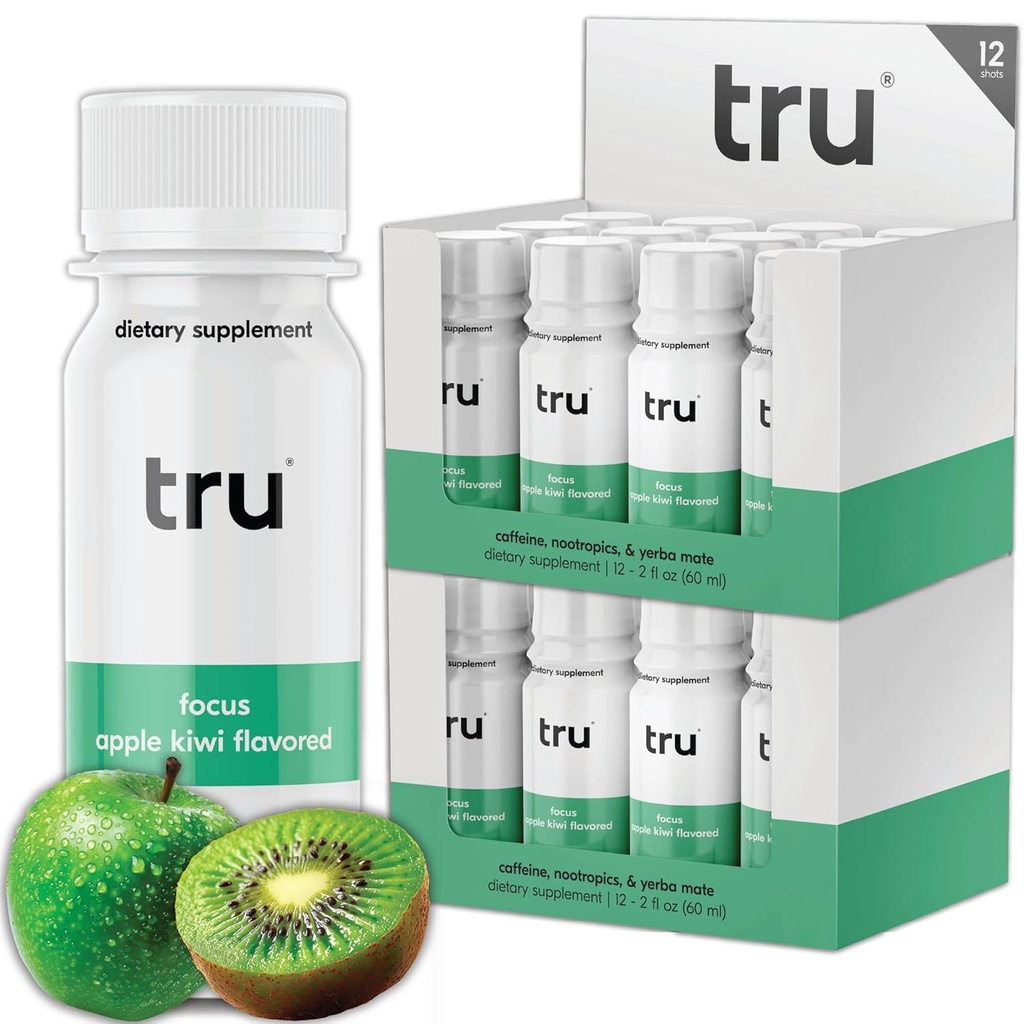 Tru Focus Shot, Jabłko Kiwi zapachowy Extra Siła Energy Shots - Zero Sugar Nootropic Drink plus Adaptogens, Cholina, i Yerba Mate - Natural Caffein, GF, Keto, Vegan Supplement, 2oz (Pack of 24)