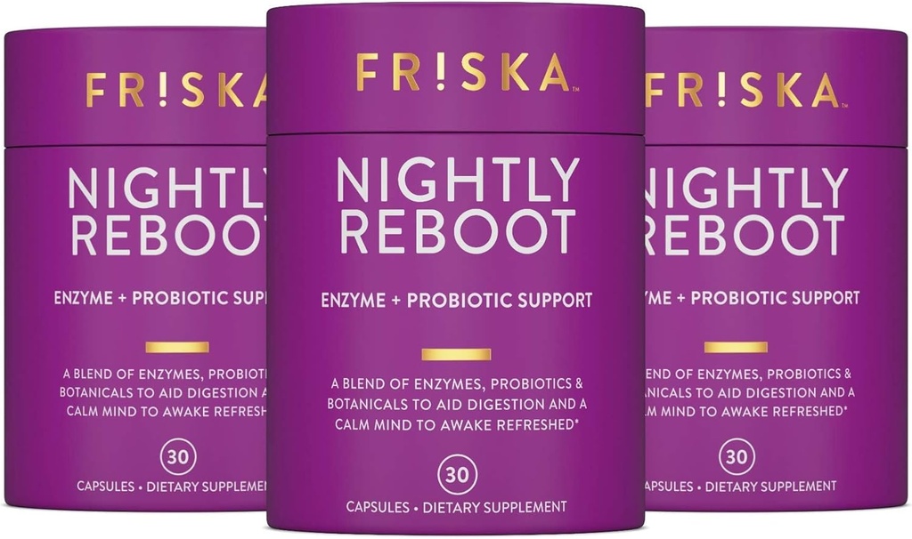 FRISKA Nightly Reboot Enzym i suplement probiotyki, Promotes Better Trawienie i sen, Wsparcie Gut Zdrowie dla mężczyzn i kobiet, Melatonina, Rumianek, 90 Kapsułki