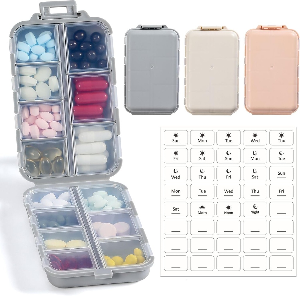 LandNEOO 14 Grids Pill Organizer Box z etykietami, Travel Mexication Holder Dispenser Case Kit, Pocket Daily Pharmacy Container for Fish Oil Supplement Supplement Storage, Khaki Pink Grey, 3 Pack